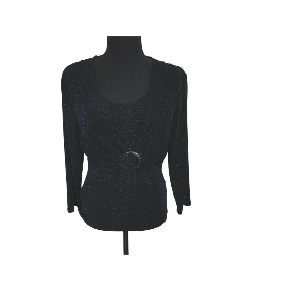 Connected Apparel Top Womens Medium M Black Blue Sparkle Long Sleeve Knit Blouse - Picture 4 of 7